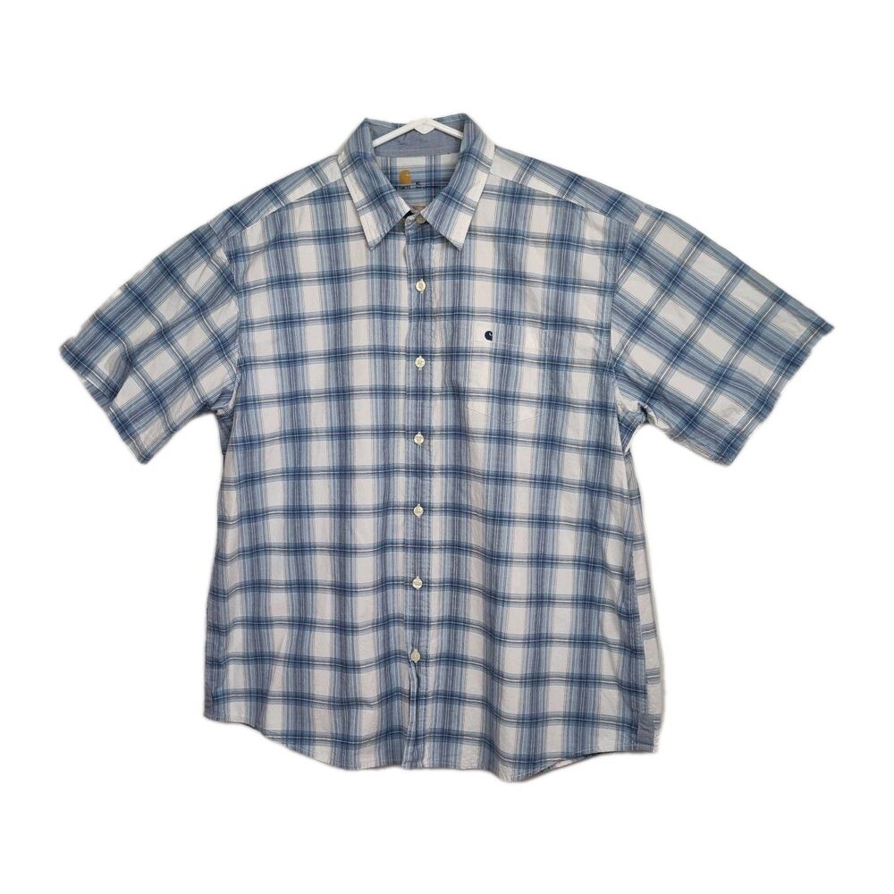 Carhartt‎ Button-Up Shirt Men's XL Blue/White Plaid Short Sleeves Collared